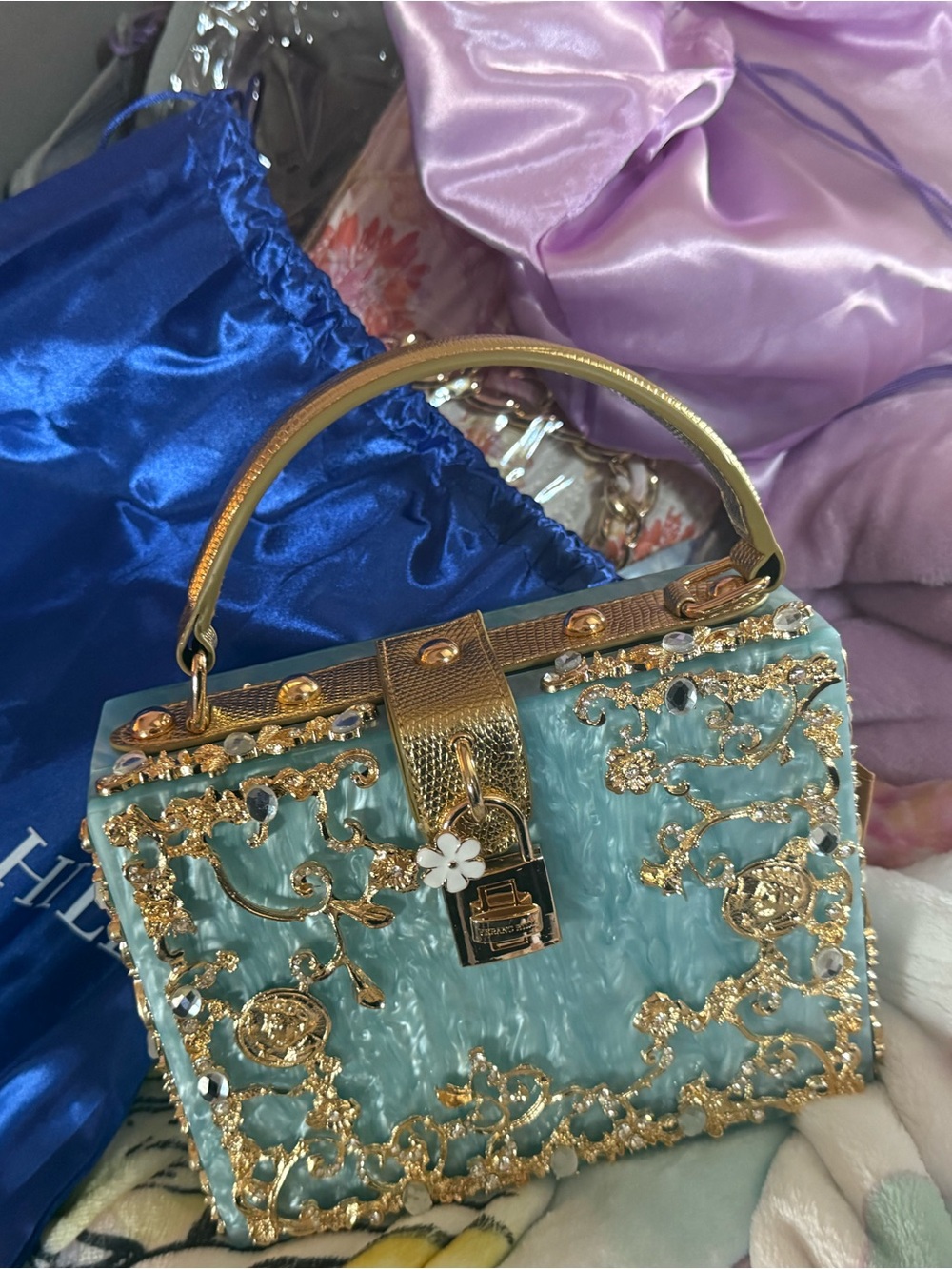 Lux Gold-Trimmed Blue Mini Top-Handle Bag Verano Hill